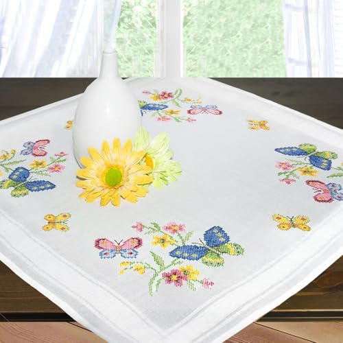 KAMACA Kit de punto de cruz para mantel de 80 x 80 cm, juego de punto de cruz preimpreso, incluye plantilla de hilo de bordar e instrucciones, juego de bordado para adultos (mariposas MD 80 x 80 cm)
