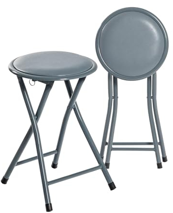 Harbour Housewares Grey Padded Folding Stools - Pack of 2 - Easy Store Metal Frame Sponge Padded Stool with Floor Protector Bumper Feet Lightweight Foldable Seat for Kitchen Bar, Breakfast Bar