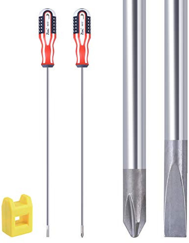 uoboeuq Slotted and Phillips Screwdriver, PH1 12 Long Cross-head and Flat Blade Magnetic Screwdrivers Magnetic with Rubber Handle 2 Packs
