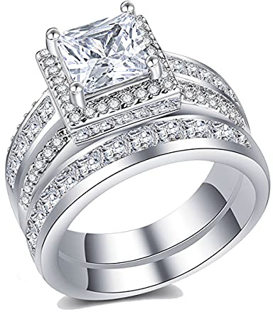 CEJUG 3Ct Wedding Rings for Women Princess Engagement Ring Set Bands 18k White Gold Plated Halo Cz Size 10