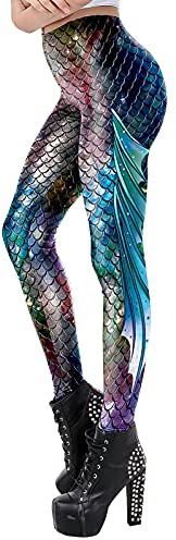 FEOYA Halloween Leggings Femme 3D Taille Haute Legging Élastique Extensible Collant de Sport Legging Motif Sirene Tête de Mort Galaxy Citrouille A S