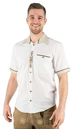 OS Trachten Herren Hemd Kurzarm Trachtenhemd mit Liegekragen Wimmidu, Größe:45/46, Farbe:weiß