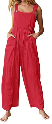 Cotton Linen Dungarees Women Petite,Ladies Jumpsuits UK Elegant Summer Sale Casual Loose Plain Jumpsuit Wide Leg Trousers Beach Boho Spaghetti Straps Overalls Pants Rompers Playsuits with Pockets