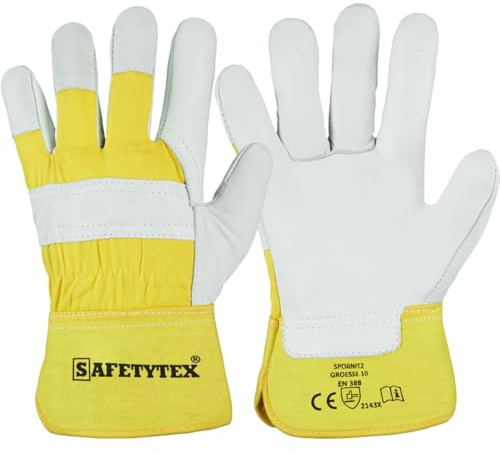 Safetytex Rindvollleder Arbeitshandschuhe - Robuste Lederhandschuhe für Bau- und Gartenarbeit - Doppelt genähte Nähte - EN388 (Gr. 12, 1 Paar)