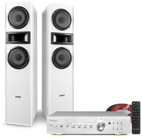 Fenton SHF700W Floor Standing HiFi Tower Speaker System, Bluetooth Amplifier & Speaker Cable Kit - Powerful Home Stereo System with Tower Speakers & Amplifier for TV Audio - White