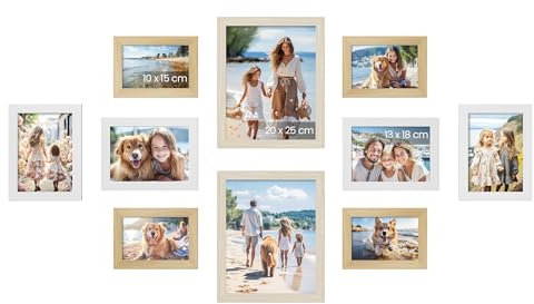 SONGMICS Set di 10 Cornici per Foto, Due 20 x 25 cm (8 x 10 Pollici), Quattro 13 x 18 cm (5 x 7 Pollici), Quattro 10 x 15 cm (4 x 6 Pollici), PS e MDF, Rovere Naturale, Bianco Nuvola, Beige Naturale