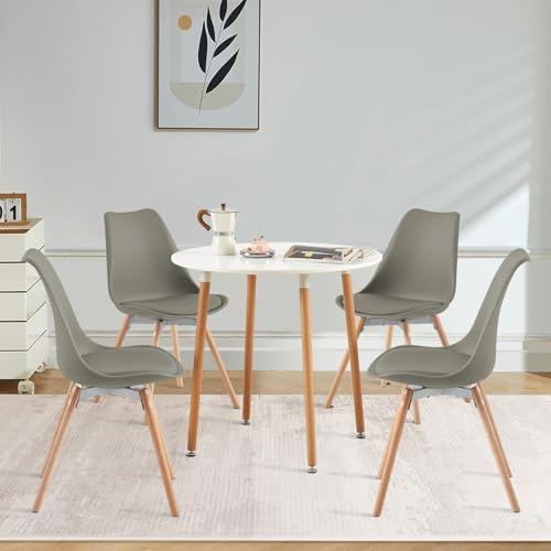 FURNITABLE Matrumsgrupp, matbord med 4 stolar, runt köksbordsset och matstolar, matgrupp för kök, matsal, vardagsrum (vitt bord + 4 grå stolar)