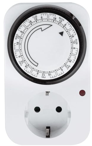 Temporizador mecánico semanal con Enchufe, Color Blanco, Ideal para programar Dispositivos eléctricos y optimizar el Consumo energético.