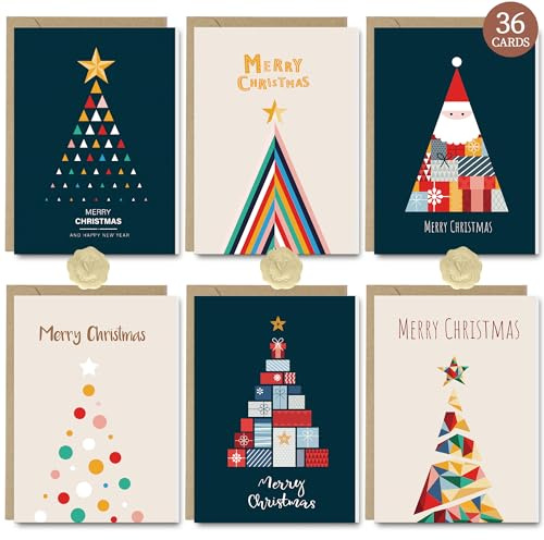 Christmas Cards Pack of 36 with Envelopes, Eco-Friendly Folded Holiday Greeting Cards Set for Family, Friends, Coworkers & Business, Art Style Card Box Included, Gold Foil Seal Stickers