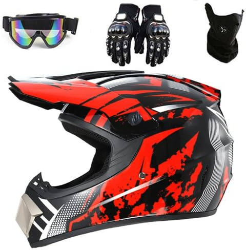 Casco da Motocross con Guanti Visiera Occhiali Moto Cross Integrali per Downhill ATV Offroad Scooter Bambini Adulti Approvato DOT(#BB,L(56-57cm))