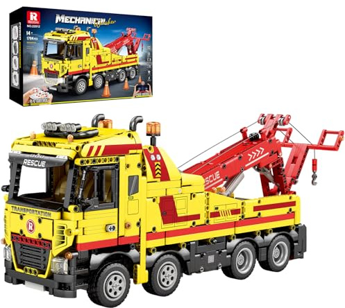 Reobrix Camion de remorquage RC Jouet de construction avec application/télécommande Véhicule robuste de sauvetage avec moteur, grue technique 22012 Brique de construction de voiture Cadeau pour adulte