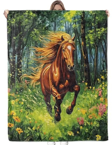Bidesk Forest Horse Blanket Soft Cozy Flannel Throw Blanket, Warm Yet Lightweight Galloping Wild Brown Horse Blankets for Travel, Couch, Bed, for Adults Women Men, Fuzzy Outdoor Comfort Wrap 60×50