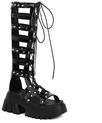 Veelau Meieer Women's Platform Gladiator Sandals Roman Sandals Lace-Up with Rivets Zip, Black patent leather, 5 UK