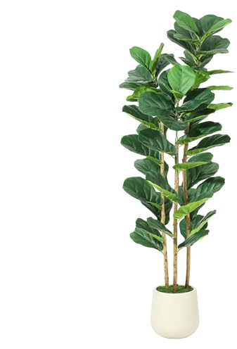 Garvee Artificial Fiddle Leaf Fig Tree with White Planter, 5 ft Tall Fake Plant with Natural Wood Trunk, Faux Ficus Tree Potted Moss for Home Office Living Room Decor