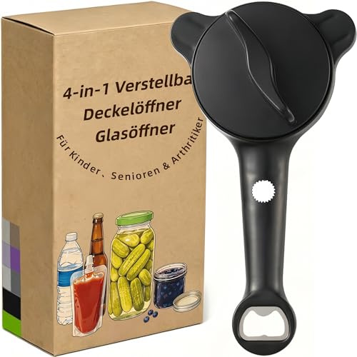 4-i-1 justerbar locköppnare, multifunktionell glasöppnare för äldre och artrit, 2,5-9 cm, för köksglas, flaskor och burkar (svart)