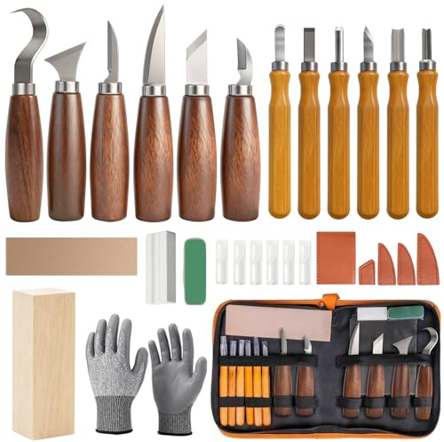 HA BIN Kit Tallado Madera 30 Piezas, Gubias y Cuchillos para Tallar Madera con Piedra de Afilar, Cuero, Guantes y Bolsa – Juego de Herramientas para Principiantes Adultos