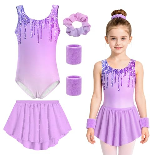 HEITOYI Maillot Gimnasia Rítmica Niña Set 4 Piezas con Falda y Coletero – Leotardo Ballet y Danza Infantil, Maillot Gimnasia Artística Niña para Entrenamiento, Competición, Ballet y Yoga 4-9 Años
