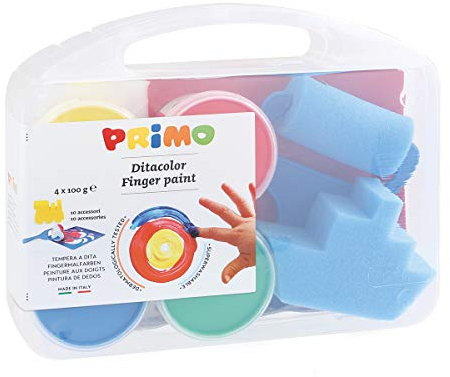 PRIMO- Maletín Pinturas para Niños +3 Años con 4 Colores de Pintura de Dedos 100g + Rodillo para Pintar + Plantilla para Papel Cristal Papelería y Manualidades Dermatológicamente Probado Made in Italy