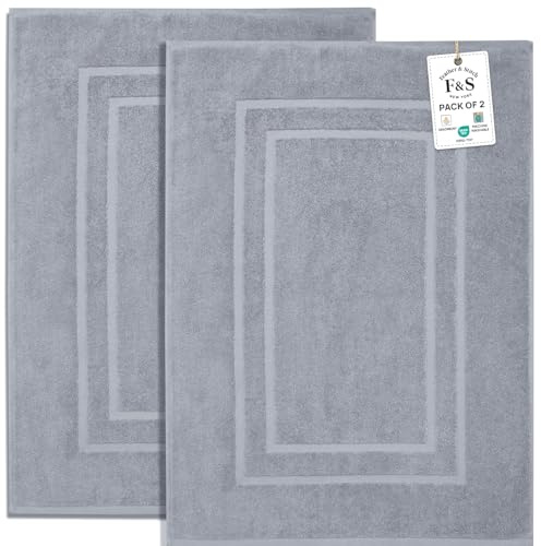 Feather & Stitch 2 Piece Towel Like Bath Mats (30x21 Inch) 100% Cotton Terry Bath Mats, Bathroom Shower Floor Mats [NOT A Bathroom Rug], Soft Absorbent Washable Mats - Grey