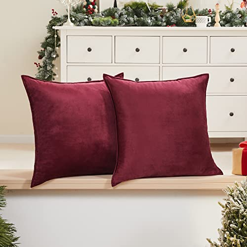 Deconovo Set of 2 Crushed Velvet Cushion Covers 50cm x 50cm 20x20 Inches Flanges Throw Pillowcases Square Pillow Cases for Bedroom with Invisible Zipper Burgundy