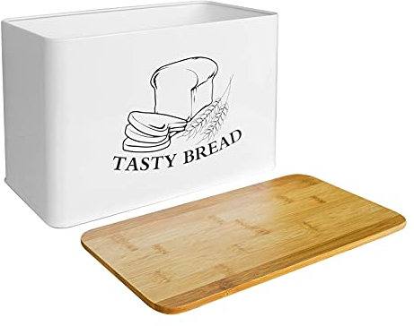 SOTECH Farmhouse Bread Box With Bomboo lid For Kitchen Countertop - Extra Large Breadbox - Perfect Metal Storage Tin To Keep Your Bread, Bagels, Rolls And Buns Fresh (Vintage Design style)