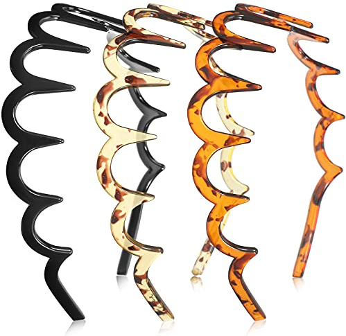 Yeshone 3 Pack Shark Tooth Headbands Comb Plastic Hoop U Shaped Shark Tooth Hair Bands Black Zag Hairbands Wave Shape Plastic Hair Band(Black, Deep Leopard Print, Light Leopard Print)