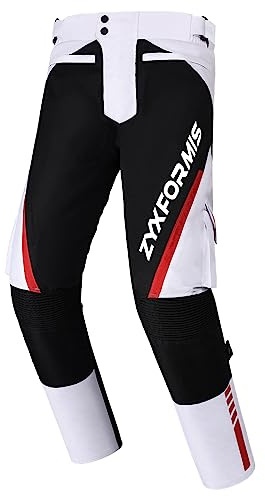 Zyxformis Mens Motorcycle Protective Trousers, Waterproof Motorbike Pants with Armour, Windproof Motor Biker Pants with Removable Lining for Summer and Winter White