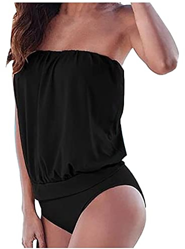 Bikini Bandeau Femme 1 Pieces Cache Maillot de Bain Amincissant Gainant Ventre Plat Sexy Bikini Taille Haute Femme Rembourré Menstrue Bustier Tankini Shorty Vintage Pas Cher Fête Plage Noir S