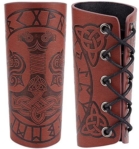 GORGECRAFT 2PCS Brazalete de Cuero Brazaletes de Armadura Medieval Patrón de Martillo Protectores de Muñequera Protector de Brazo Hebilla de Tiro con Arco Brazaletes de Cuero Unisex(Marrón Coco)