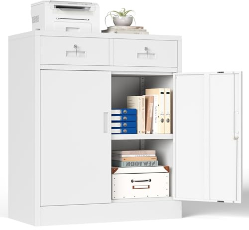 TaskStorz Metal Storage Cabinet, 36 Inch Tall Locking Cabinet with 2 Doors and 2 Drawers, Metal Cabinets with Adjustable Shelf, Garage Cabinets for Kitchen,Garage,Warehouse, White