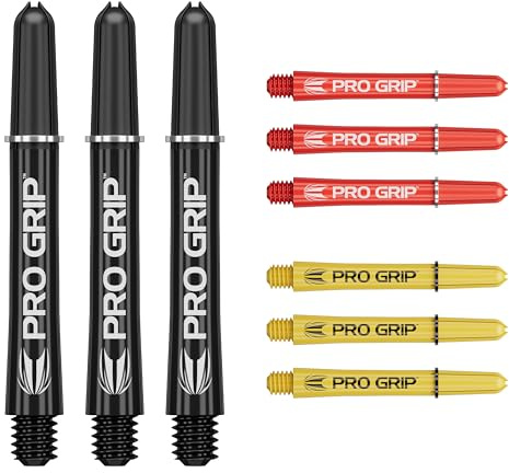 Target Darts Pro Grip Shafts – Set of 9 | 3 Colours, Black/Yellow/Red | Intermediate, 41mm | Dart Stems, Professional Darts Accessories, 2BA Shaft Multipack with Rings