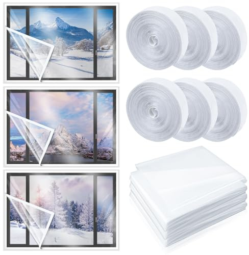 Beeveer 3 Set 75 x 79 Inch Window Insulation Kit Winter Window Plastic for Winterizing Home Cuttable Transparent Film with Adhesive Straps Reusable Thicken Thermal Waterproof Attic Cover Warm