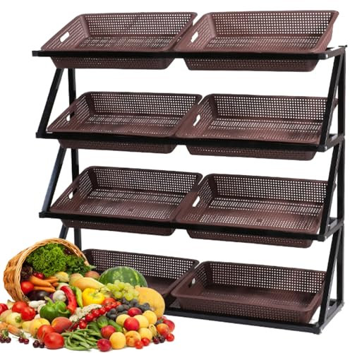 LIUWOPA Étagère de marché à 4 Niveaux, Panier de Rangement pour Fruits et légumes, présentoir de Cuisine pour supermarché, étagère Utilitaire pour Magasin Supremarket, Marron-Double