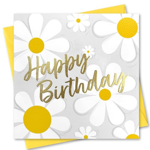 Birthday Card. Daisy design with Gold Foiled text. 150x150mm supplied with Envelope. Eco-friendly. Message inside. Made in Britain.