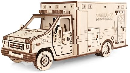 EWA Eco-Wood-Art Ambulance 3D Wooden Puzzle, 386 Pieces, Ages 14+, 11.61 x 5.08 Inches, Wood Construction Model Kit