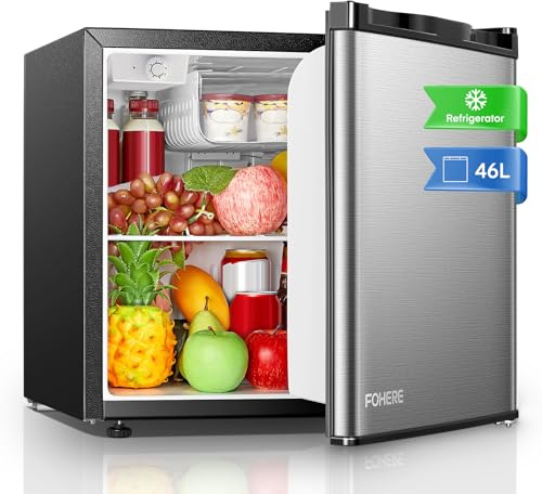 FOHERE Mini Kühlschrank 46L, Kühlschrank klein mit 7-Stufen Thermostat, umkehrbarer Tür, Ultra-Leise, Energieeffizienter Kompaktkühlschrank für Schlafzimmer, Büro, Wohnheim, Edelstahl