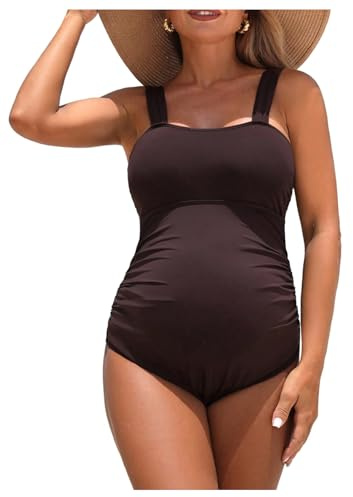 GORGLITTER Women's Maternity Swimming Costume Ruched One Piece Swimsuit Removable Padded Pregnancy Swimwear Brown Small