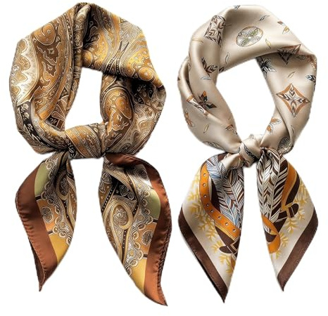 Valicaer 2 Pack Satin Head Scarf for Women, Brown Silk Like Bandana & Neck Scarf Set, 27.5x27.5 Inches Headscarf for Hair Wrapping, Sleeping, Fashion Accessory (2 Different Patterns)