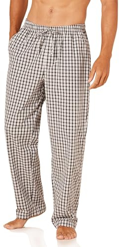 Amazon Essentials Men's Cotton Poplin Straight-Fit Pajama Pants with Drawstring Elastic Waist, Black Grey Plaid, Small
