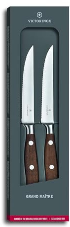 Victorinox Grand Maitre Steak Knife Set - Premium Meat Knives with Ergonomic Handle - Modern Cooking Knives - Exceptional Kitchen Accessories - Wood Handle, Serrated Edge, 5, 2-Piece Set
