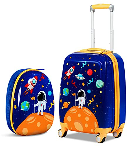 BABY JOY 2 PC Kids Carry On Luggage Set, 18 Toddler Trolley Case & 12 Backpack with Hard Shell & Rolling Wheel Design, Kids Suitcase for Boys Girls (Astronaut)
