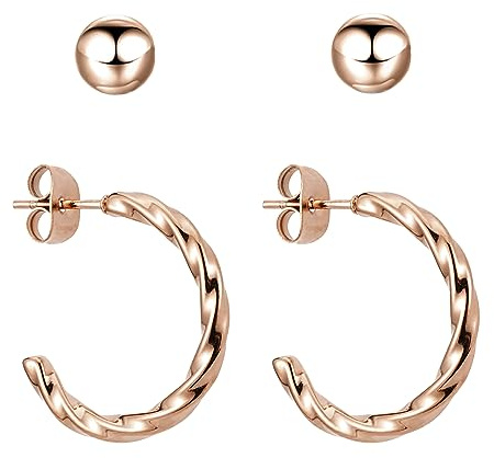BONNYBIRD® Creoles Acier Inoxydable Or Rose Femme Petites Torsadé Plaqué Or Doré Lot Boucles d'Oreilles Femme Clous d'Oreilles Bijoux Hypoallergénique Chirurgical Sans Nickel Ete Mariage Boheme