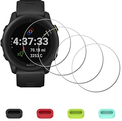 iDaPro [4Pcs Vetro Temperato per Garmin Forerunner 745 Running/Triathlon Pellicola Protettiva+[4Pcs] tappi antipolvere in silicone,Vetro temperato,Durezza 9H,Antigraffio,Antibolla,Antimpronta
