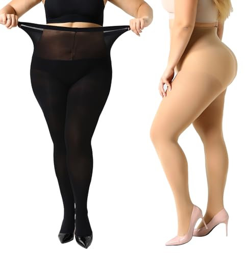 Yilanmy Strumpfhose Damen Größen Große 2 Paar 70 DEN Blickdichte Übergröße Nylonstrumpfhose (2XL, 1 Paar Schwarz+1 Paar Hautfarben)