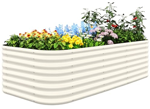 Quictent Galvanized Tall Raised Garden Bed Kit, 8x4x2 ft Oval Large Planting Box, for Vegetables Outdoor Strengthened by Crossbar (Beige)