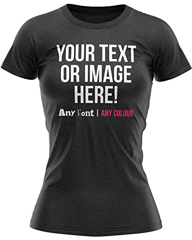 Personalised Text and Image Womens T Shirt Ladies Fit Any Colour or Font Top Tee Hen Do, M, Black