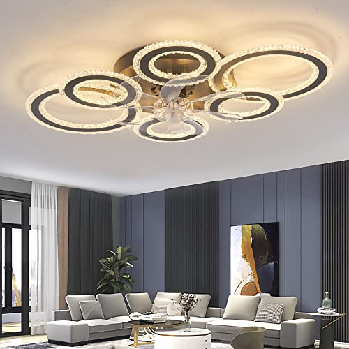 Modern Ventilador de Techo con Luz y Mando a Distancia, Anillo de Cristal Lámpara Ventilador Techo Dormitorio Verano Invierno Luz Reversible Regulable Función Memoria Motor DC 6 Velocidades, Negro