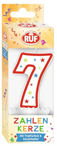 RUF - Vela número 7, color rojo con estrellas de colores, vela de aniversario de alta calidad con protección antigoteo, ideal para decoración de tartas, 1 unidad
