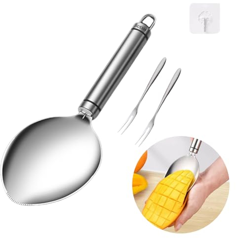 Mango Slicer with Fruit Fork, Watermelon Cutter Slice, Stainless Steel Fruit Slicer Cutter Pitter for Bar Kitchen Restaurant Party