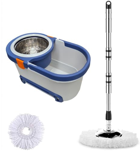 360 spin Mop and Bucket Set, Mop and Buckets Sets with & 2 Thick Reusable Microfibre Pads, Wet & Dry Flat Floor Mops for Laminate Hardwood Tile Floor Cleaning (Blue)